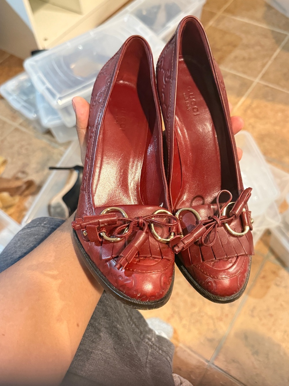 Gucci Burgundy Leather Tassel Loafers with Gold Hardware